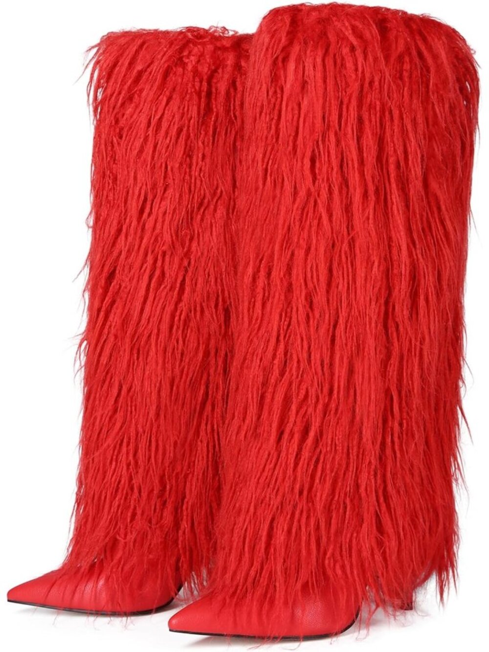 Women’s  Red Faux Fur Knee High Boots Stiletto Heel Pointed Toe Fringe Party